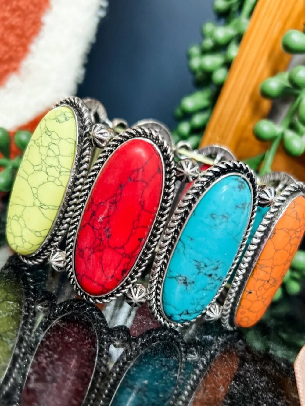 New Western Boho Cowgirl Silver Colorful Concho Stone Stretch Festival Bracelet